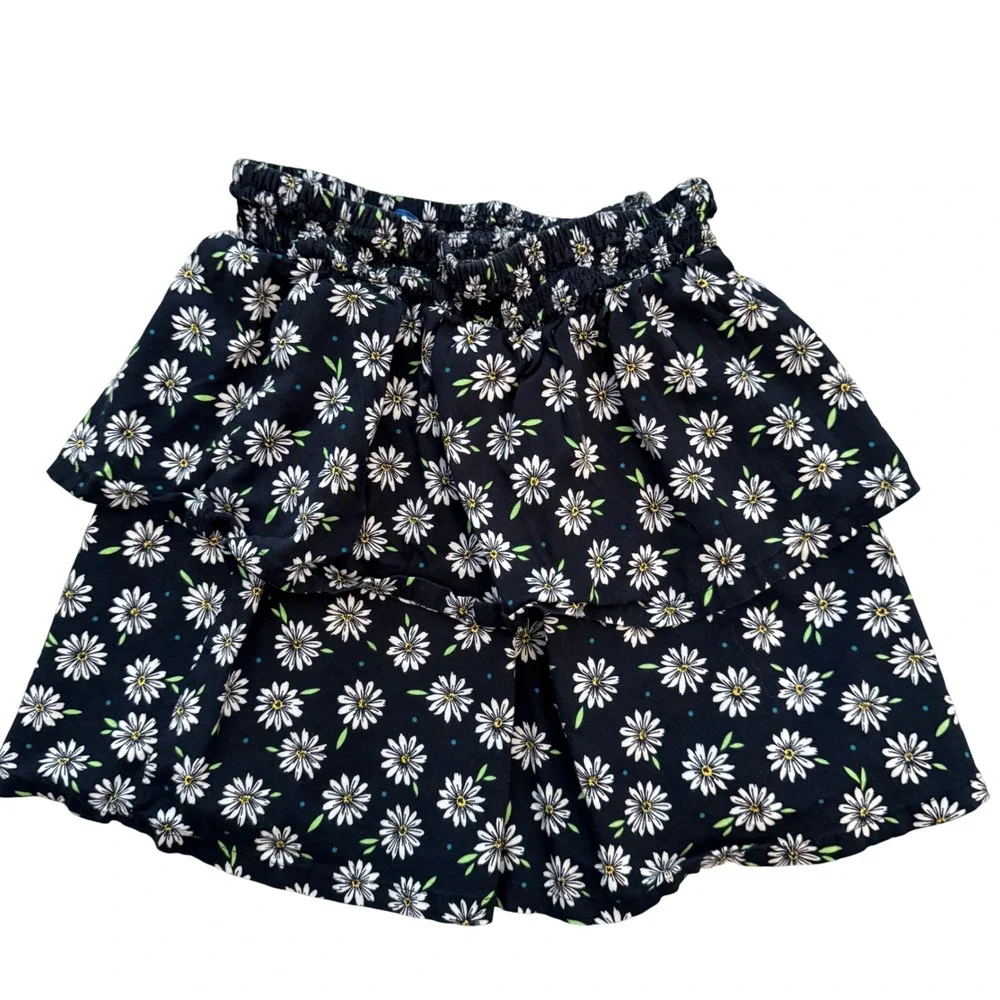 Old Navy Skirt Girls Size M 8 Black Daisy Floral Tiered Ruffle Smocked Waist